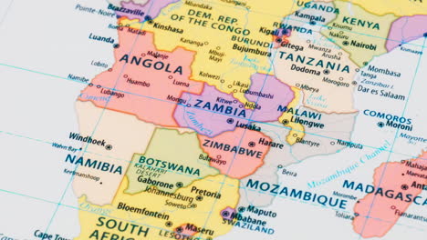 Close-up-of-the-country-word-Zambia-on-a-world-map-with-the-detailed-name-of-the-capital-city