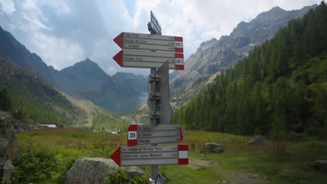Medium-shot-of-signpost-at-Alpe-Ventina's-mountain-valley,-Cloudy-d