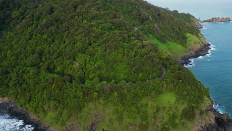 Aerial-view-of-trees-on-slope-at-sea-coast-on-tropical-islands