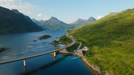 Austerstraumen-bridge-carrying-the-E10-highway-between-islands-in-Lofoten,-Norway