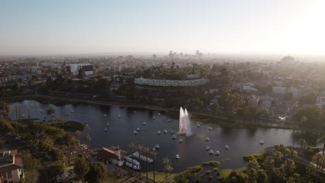 An-Aerial-Shot-of-Echo-Park-at-Sunset-with-Swan-Boats-and-the-Fountain