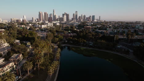 An-Aerial-Shot-of-Downtown-Los-Angeles-Flying-Over-Echo-Park-Lake