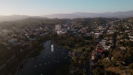 A-Wide-Aerial-Shot-of-Downtown-Echo-Park-and-Echo-Park-Lake-at-Golden-Hour