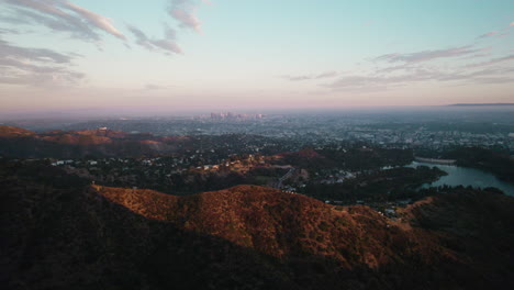 An-Aerial-Push-on-Downtown-Los-Angeles-Featuring-the-Hollywood-Reservoir-and-Wisdom-Tree
