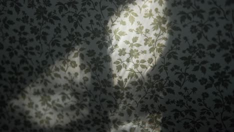 Schatten-Von-Laub-Im-Wind,-Der-Sich-An-Der-Wand-Mit-Vintage-Blumentapete-Spiegelt