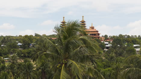 Buddhist-temple-and-palm-trees,-aerial-cinematic-view