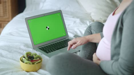 Seguimiento-Del-Vídeo-Izquierdo-De-Una-Mujer-Embarazada-Usando-Una-Computadora-En-La-Cama.