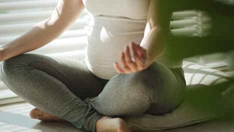 Mujer-Embarazada-Meditando-Bajo-Los-Rayos-Del-Sol-En-El-Suelo.