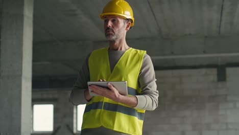 Caucasian-engineer-standing-and-browsing-digital-tablet-on-construction-site.
