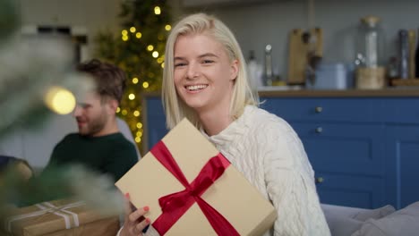 Portrait-of-cheerful-woman-with-Christmas-present