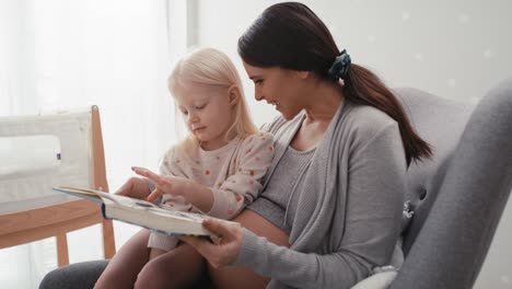 Caucasian-woman-in-advanced-pregnancy-reading-book-with-her-elementary-daughter.