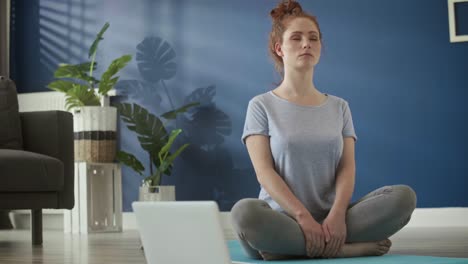 Video-Einer-Frau,-Die-Zu-Hause-Auf-Einer-Trainingsmatte-Meditiert