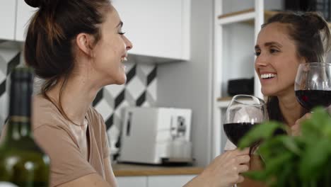 Handheld-Video-Von-Zwei-Frauen,-Die-Zu-Hause-Rotwein-Trinken
