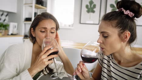 Zoom-out-video-of-two-friends-chatting-and-drinking-wine