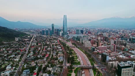 Bird's-eye-view-establishing-the-financial-center-of-Santiago-Chile-in-the-Providencia-sector,-Costanera-tower