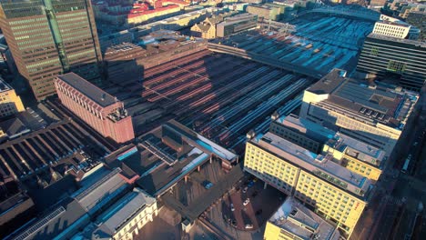 Oslo-Central-Train-Station-Drone-Aerial,-Oslo-Sentralstasjon,-Norway