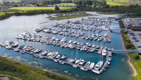 aerial-view-of-sailing-boats-moored-at-port-in-Hayling-Island-south-coast-of-England-county-of-Hampshire,-east-of-Portsmouth
