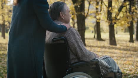 Senior-man-sitting-on-a-wheelchair-with-caregiver-in-park
