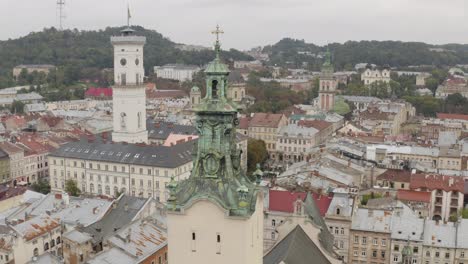 Aerial-Drone-Video-of-European-City-Lviv,-Ukraine,-Rynok-Square,-Central-Town-Hall,-Latin-Cathedral