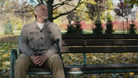 Smiling-old-caucasian-man-sitting-on-bench-in-park-during-the-autumn.