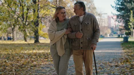 Älteres-Paar,-Das-Im-Herbst-Gemeinsam-Im-Park-Spaziert