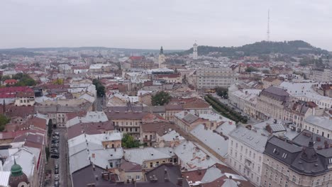 Aerial-Drone-Footage-of-European-City-Lviv,-Ukraine,-Flight-Above-Popular-Ancient-Part-of-Old-Town
