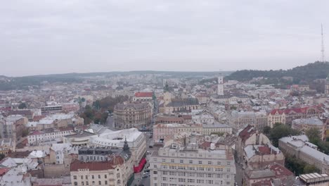 Aerial-Drone-Video-of-European-City-Lviv,-Ukraine,-Rynok-Square,-Central-Town-Hall,-Dominican-Church