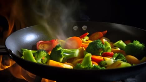 Fresh-vegetables-in-frying-pan-on-gas-stove-close-up