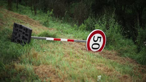 50-kilometer-speed-limit-sign-with-shallow-depth-of-field-lays-on-side-of-road-in-grassy-field