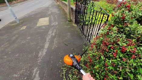 POV-male-doing-chores-cutting-overgrown-hedge-maintenance-with-electrical-garden-trimming-shears
