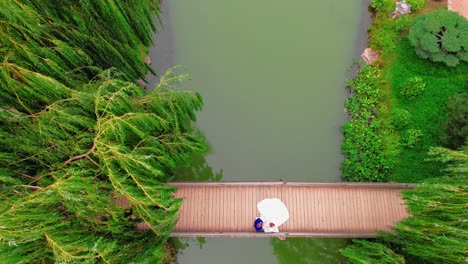beautiful-top-down-aerial-of-wedding-couple-on-bridge-Japanese-Garden-from-Glencoe-Chicago-Botanic-Garden-above-lake