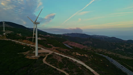 High-aerial-view-of-the-mountains-with-the-windmills-near-the-ornithological-institute-near-Tarifa-in-Spain
