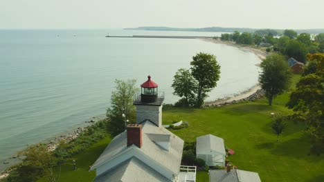 Drone-shot-backing-up-to-view-a-whole-beautiful-picture-of-the-light-houses-and-museum-at-Sodus-point-New-York-vacation-spot-at-the-tip-of-land-on-the-banks-of-Lake-Ontario
