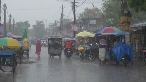 Streets-of-Indian-rural-town-in-heavy-rainfall,-Cyclone-Biparjoy-aftermath