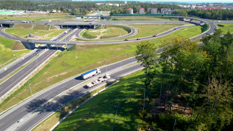 Aerial---modern-road-intersection-with-safe-connections-and-passage-for-passenger-cars-and-trucks---Wielki-Kack-junction-in-Gdynia---expressway-with-diverging-roads-and-tunnels