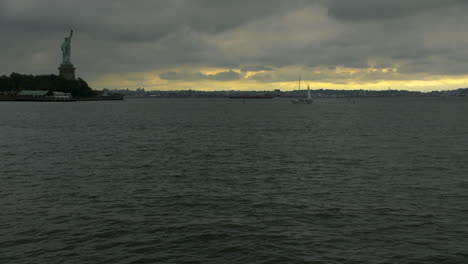 Water-of-New-York-Bay-on-Calm-Morning-with-Statue-of-Liberty