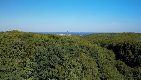 Luftaufnahme-–-Erhebt-Sich-über-Bäume-Und-Offenbart-Das-Panorama-Der-Stadt-Gdynia-–-Blick-Auf-Die-Danziger-Bucht-Und-Den-Jachthafen-In-Gdynia-Und-Den-Meeresturm