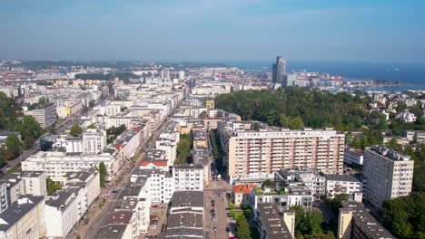 Aerial-birds-eye-shot-showing-city-of-Gdynia-with-houses,-blocks-and-central-park-along-Baltic-sea,-Poland