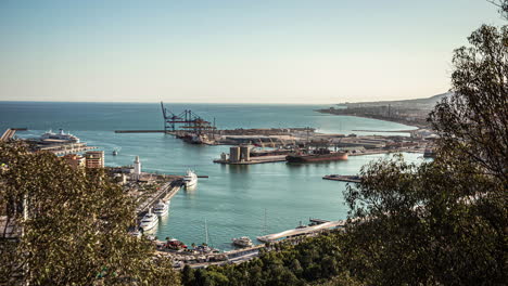 Port-of-Malaga-shipping-terminal,-Spain-as-seen-from-Mount-Gibralfaro---time-lapse