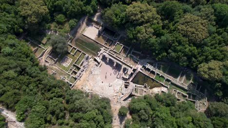 Ancient-Amphitheater-of-Butrint-City:-A-UNESCO-Heritage-Site-with-Greek-Tragedy-Roots-in-Albania,-Aerial-View