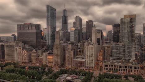 Chicago-Millennium-Park-with-city-skyline-and-dramatic-clouds-hyperlapse