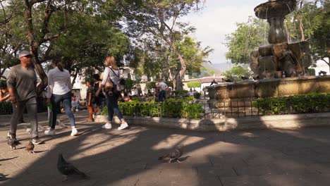 Tourists-roam-and-explore-Guatemala-Central-Park,-doves-walk-in-park