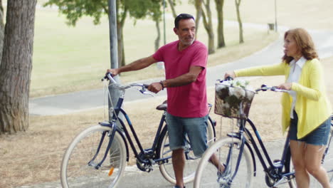 Glückliches-älteres-Paar,-Das-Mit-Fahrrädern-Den-Weg-Im-Park-Entlang-Läuft