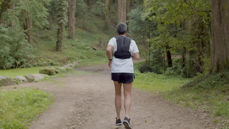 Man-in-sportswear-running-on-trail-in-forest