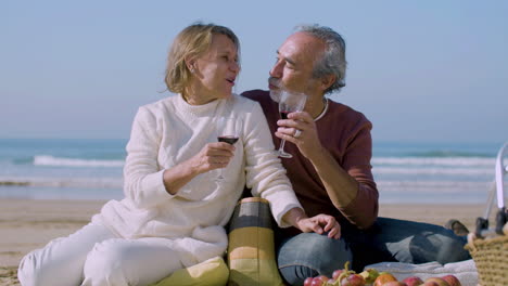 Cheerful-senior-couple-sitting-on-seashore-and-clinking-glasses