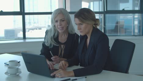 Focused-female-colleagues-sitting-at-laptop-together