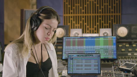 Young-Caucasian-woman-working-at-music-recording-studio