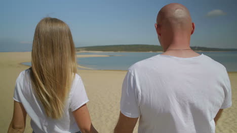 Back-view-of-couple-walking-on-beach-together