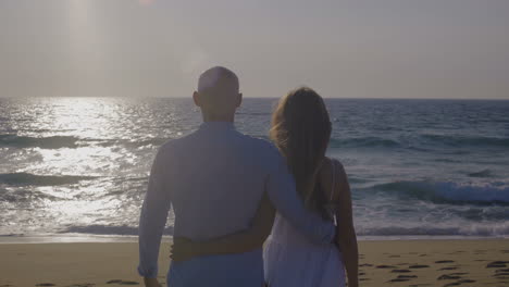 Back-view-of-couple-in-love-looking-at-sea