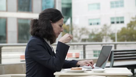 Mujer-De-Negocios,-Trabajando,-Con,-Computador-Portatil,-En,-Cafe
